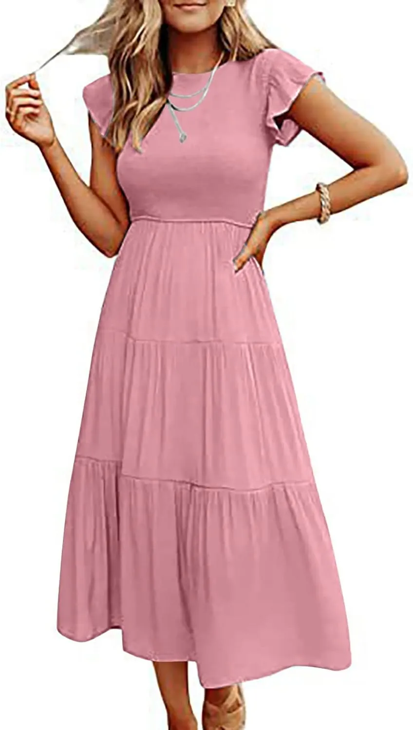 Women's 2025 Summer Boho Dress Crewneck Ruffle Sleeve Beach Vacation Midi Dresses Solid Flowy Sundress Cruise Clothes