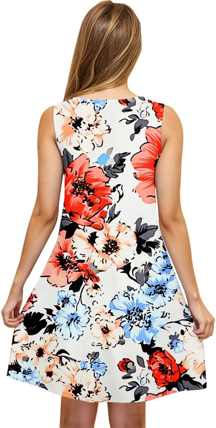 Womens Beach Dresses Trendy Swimsuit Cover Ups Sleeveless Vacation Dresses Floral Swing Mini Dress Flowy Dresses