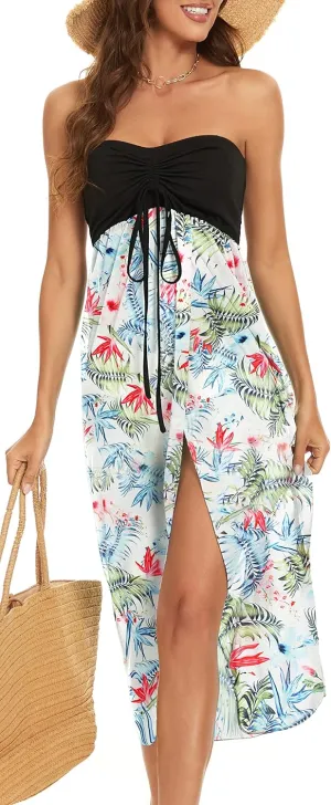 Women's Beach Wrap Dress Summer Maxi Sundresses Sleeveless Strapless Vocation Cover Ups Dresses (Leafwhite, S)