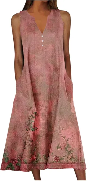 Womens Boho Floral Dresses Summer Casual Vacation Beach Dress V Neck A-Line Sundress Plus Size Long Dress with Pocket