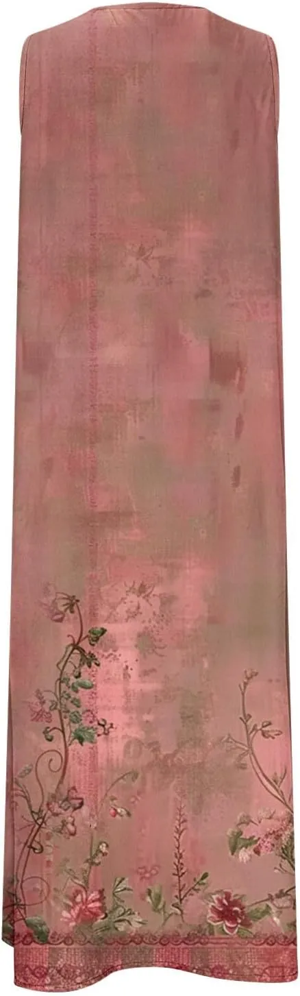 Womens Boho Floral Dresses Summer Casual Vacation Beach Dress V Neck A-Line Sundress Plus Size Long Dress with Pocket