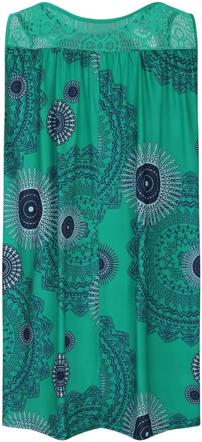 Womens Boho Floral Print Loose Tank Dress Casual Sleeveless Crochet Crewneck Knee Length Plus Size Sun Beach Dress