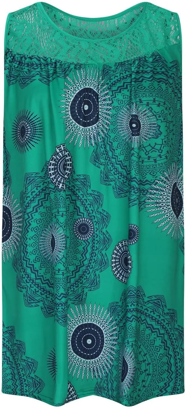 Womens Boho Floral Print Loose Tank Dress Casual Sleeveless Crochet Crewneck Knee Length Plus Size Sun Beach Dress