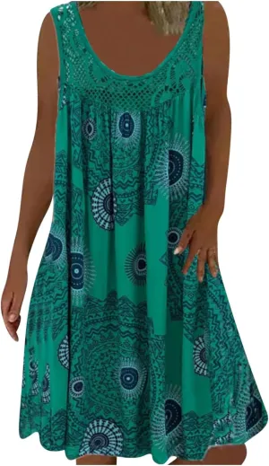 Womens Boho Floral Print Loose Tank Dress Casual Sleeveless Crochet Crewneck Knee Length Plus Size Sun Beach Dress