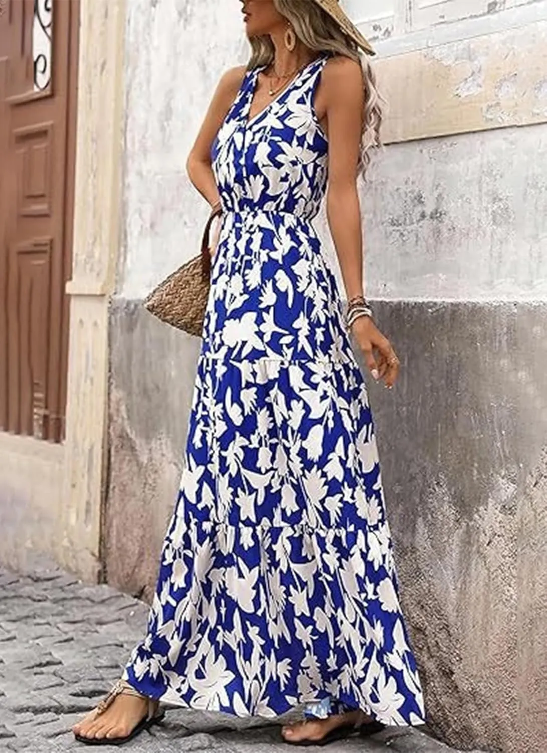 Women's Boho Floral Sleeveless A Line Dress Casual V Neck Flowy Maxi Sundress Summer Beach Vacation Clothes 2025