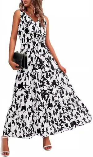 Women's Boho Floral Sleeveless A Line Dress Casual V Neck Flowy Maxi Sundress Summer Beach Vacation Clothes 2025