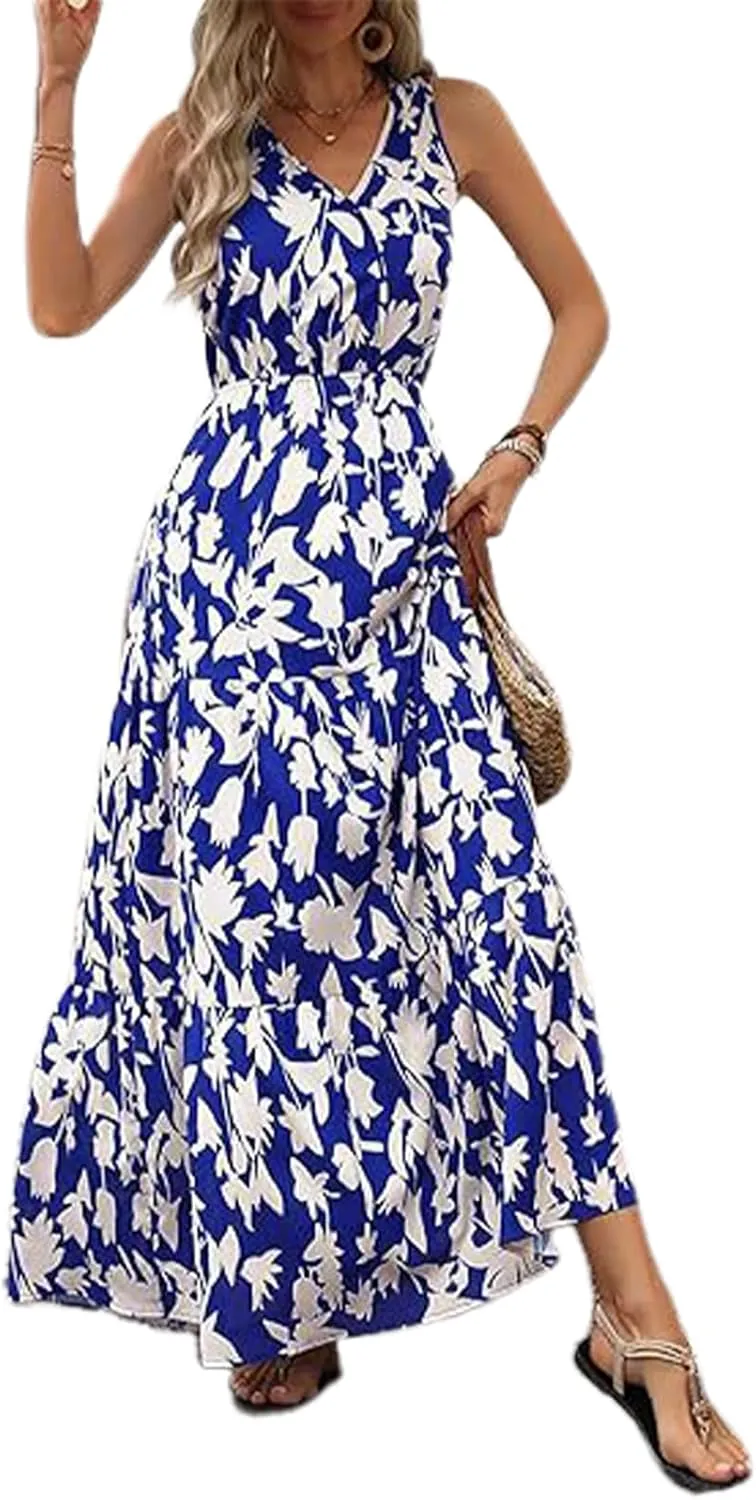 Women's Boho Floral Sleeveless A Line Dress Casual V Neck Flowy Maxi Sundress Summer Beach Vacation Clothes 2025