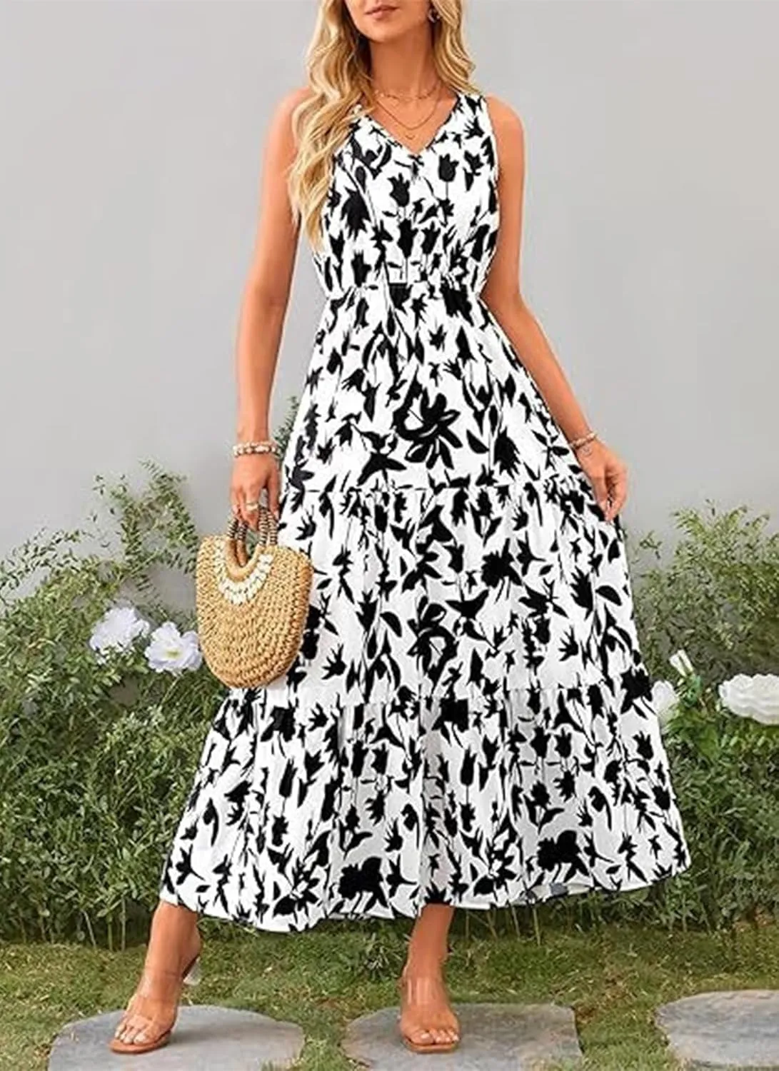 Women's Boho Floral Sleeveless A Line Dress Casual V Neck Flowy Maxi Sundress Summer Beach Vacation Clothes 2025