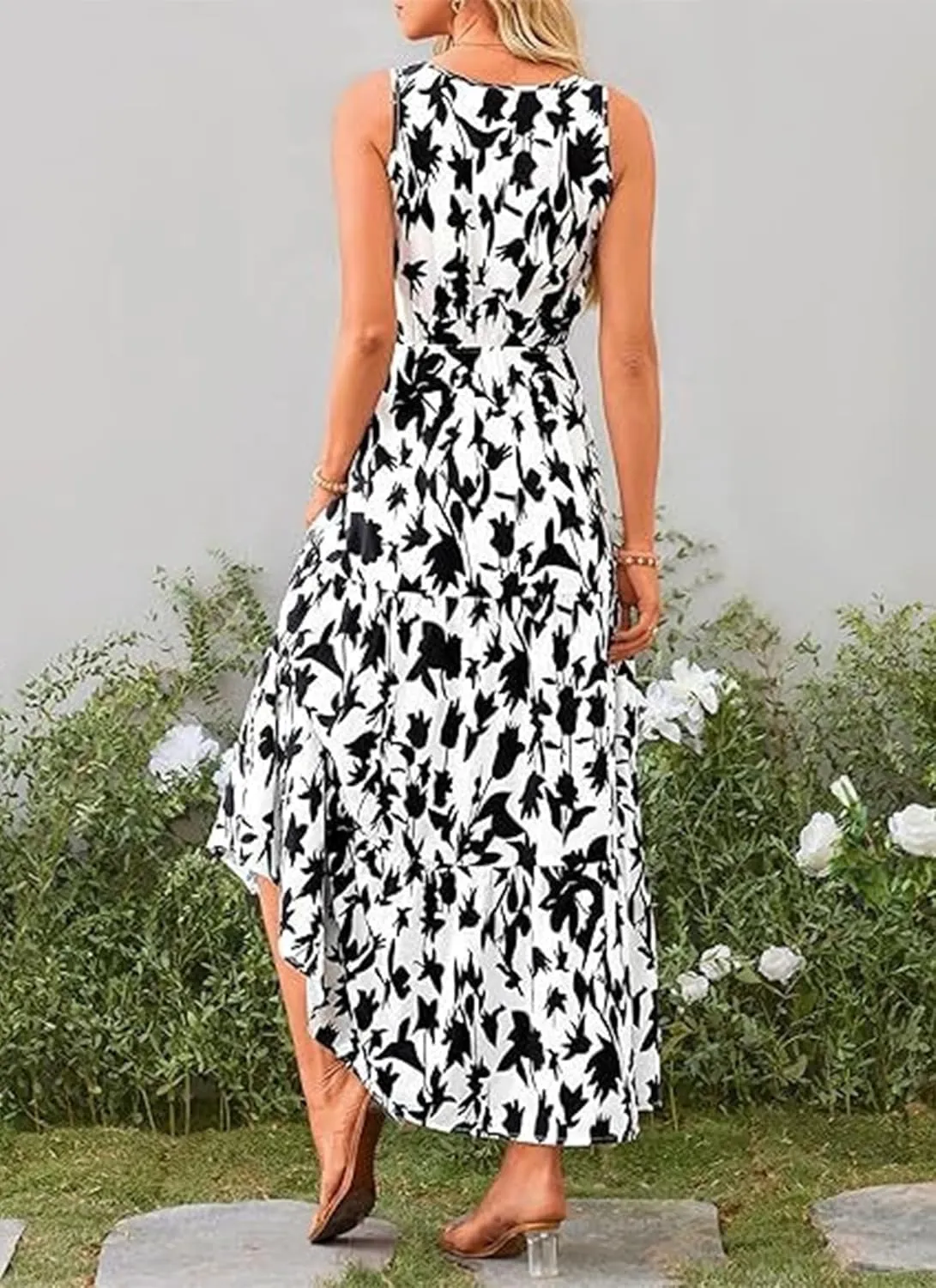 Women's Boho Floral Sleeveless A Line Dress Casual V Neck Flowy Maxi Sundress Summer Beach Vacation Clothes 2025