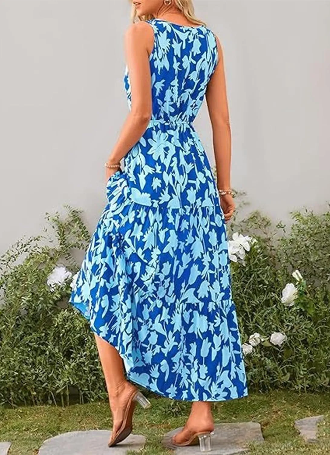Women's Boho Floral Sleeveless A Line Dress Casual V Neck Flowy Maxi Sundress Summer Beach Vacation Clothes 2025