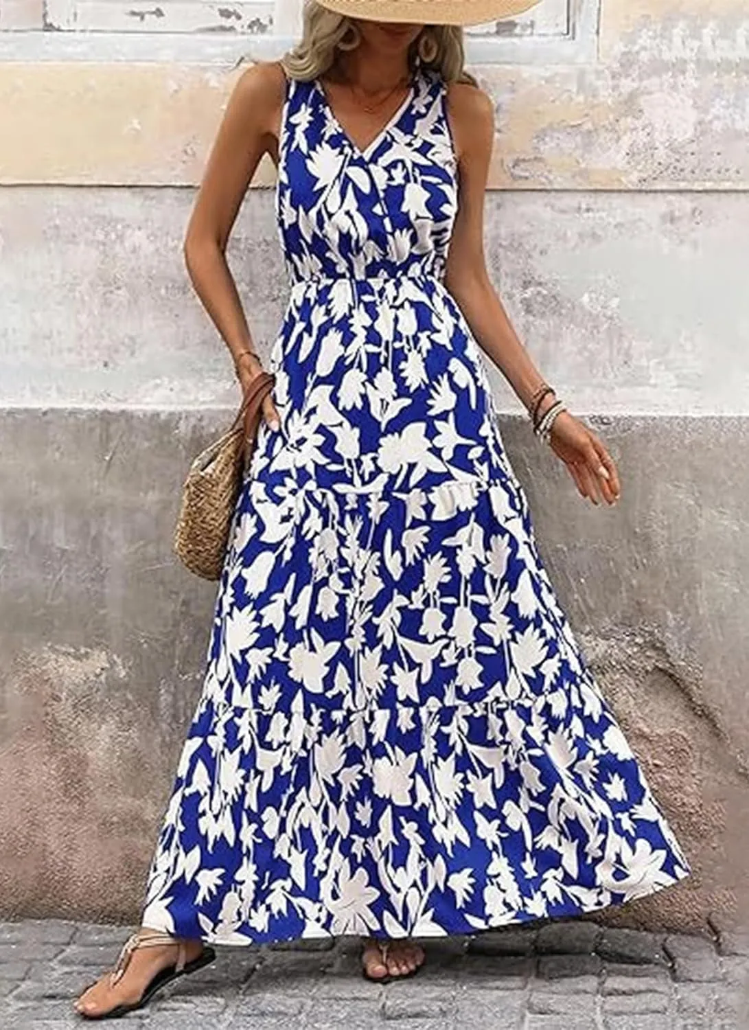 Women's Boho Floral Sleeveless A Line Dress Casual V Neck Flowy Maxi Sundress Summer Beach Vacation Clothes 2025