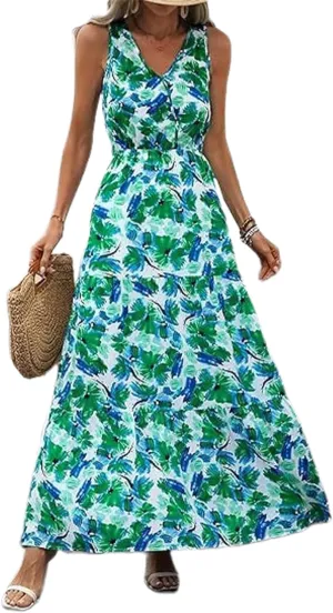 Women's Boho Floral Sleeveless A Line Dress Casual V Neck Flowy Maxi Sundress Summer Beach Vacation Clothes 2025