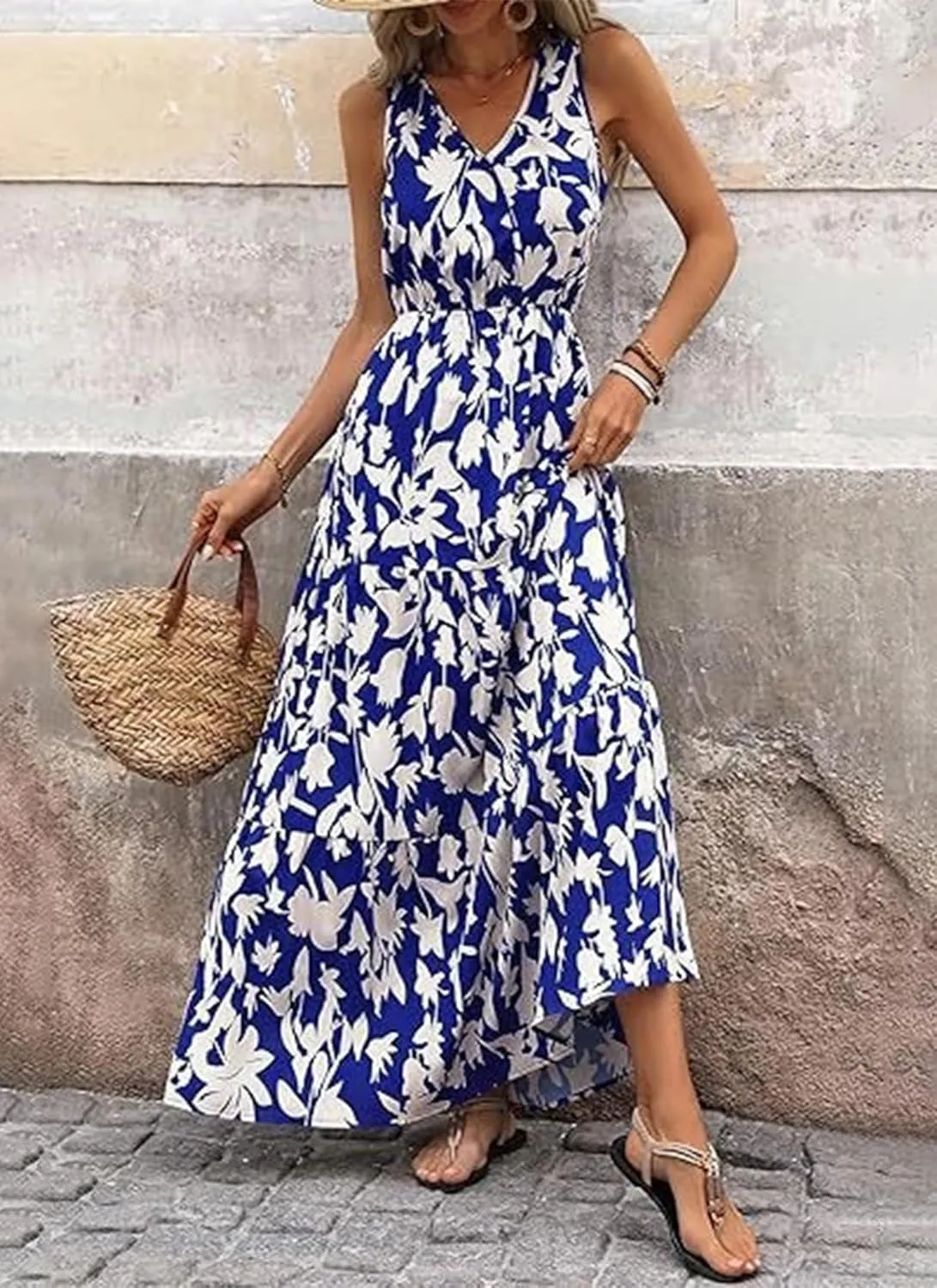 Women's Boho Floral Sleeveless A Line Dress Casual V Neck Flowy Maxi Sundress Summer Beach Vacation Clothes 2025