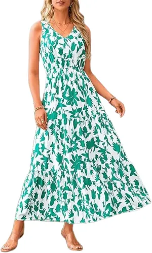 Women's Boho Floral Sleeveless A Line Dress Casual V Neck Flowy Maxi Sundress Summer Beach Vacation Clothes 2025