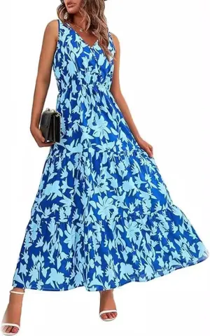 Women's Boho Floral Sleeveless A Line Dress Casual V Neck Flowy Maxi Sundress Summer Beach Vacation Clothes 2025
