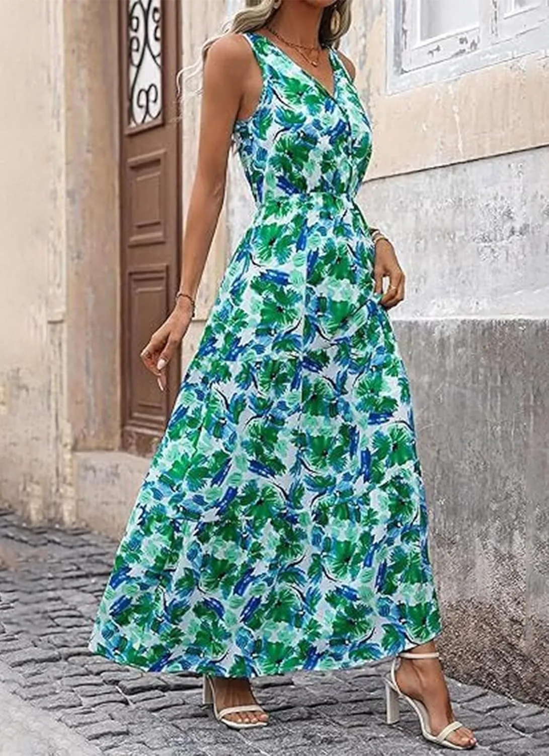 Women's Boho Floral Sleeveless A Line Dress Casual V Neck Flowy Maxi Sundress Summer Beach Vacation Clothes 2025