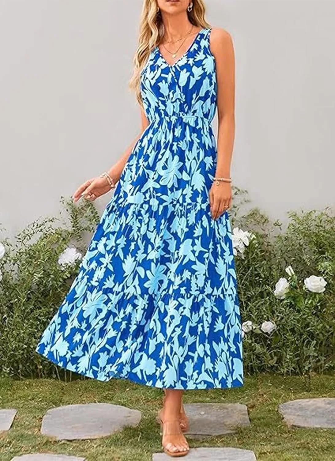 Women's Boho Floral Sleeveless A Line Dress Casual V Neck Flowy Maxi Sundress Summer Beach Vacation Clothes 2025