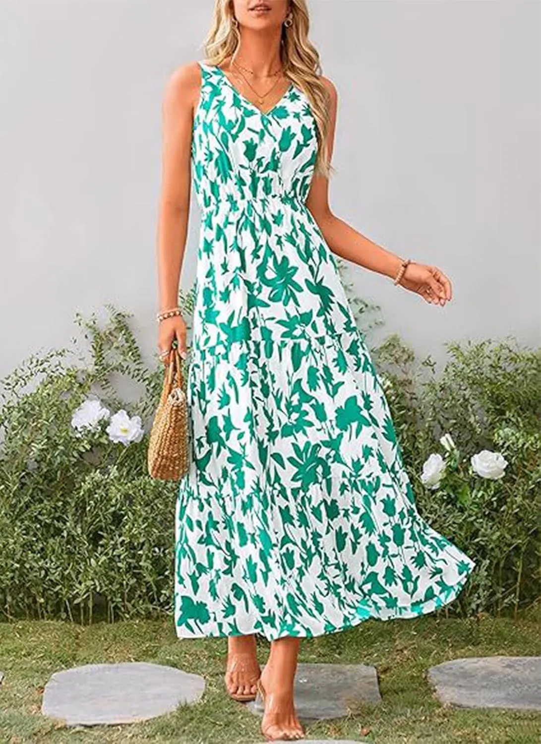 Women's Boho Floral Sleeveless A Line Dress Casual V Neck Flowy Maxi Sundress Summer Beach Vacation Clothes 2025