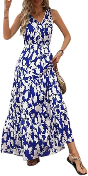 Women's Boho Floral Sleeveless A Line Dress Casual V Neck Flowy Maxi Sundress Summer Beach Vacation Clothes 2025