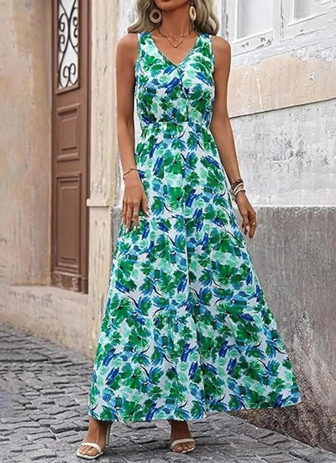 Women's Boho Floral Sleeveless A Line Dress Casual V Neck Flowy Maxi Sundress Summer Beach Vacation Clothes 2025