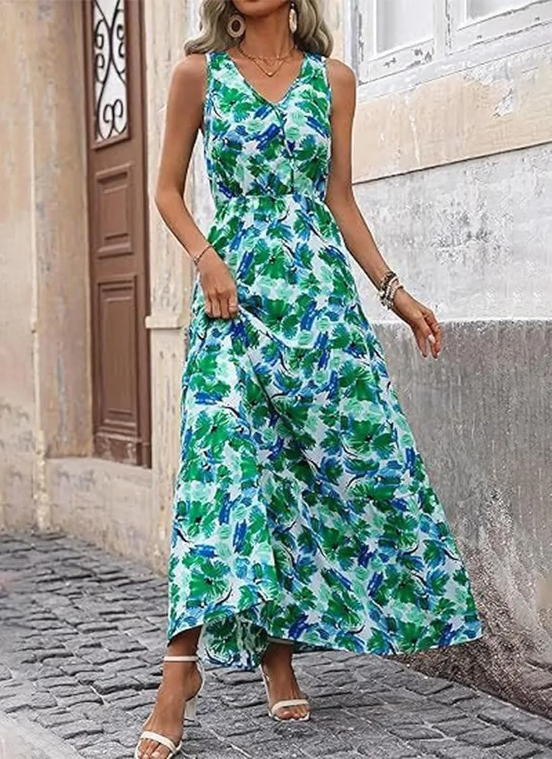 Women's Boho Floral Sleeveless A Line Dress Casual V Neck Flowy Maxi Sundress Summer Beach Vacation Clothes 2025
