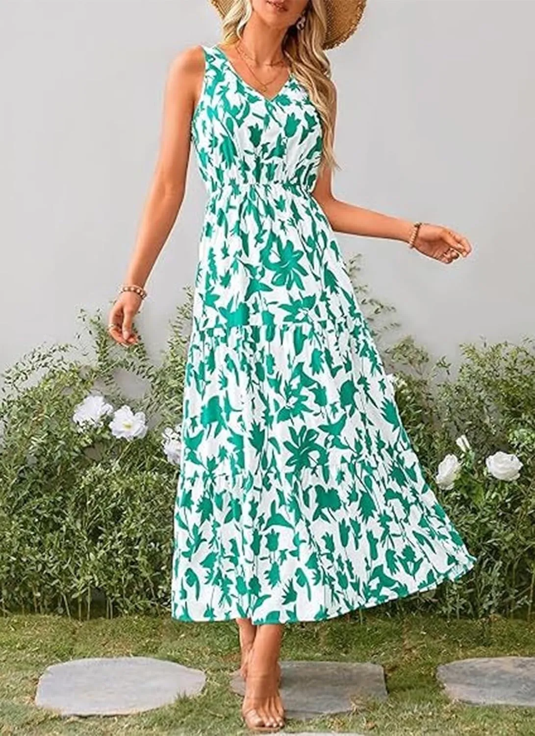Women's Boho Floral Sleeveless A Line Dress Casual V Neck Flowy Maxi Sundress Summer Beach Vacation Clothes 2025
