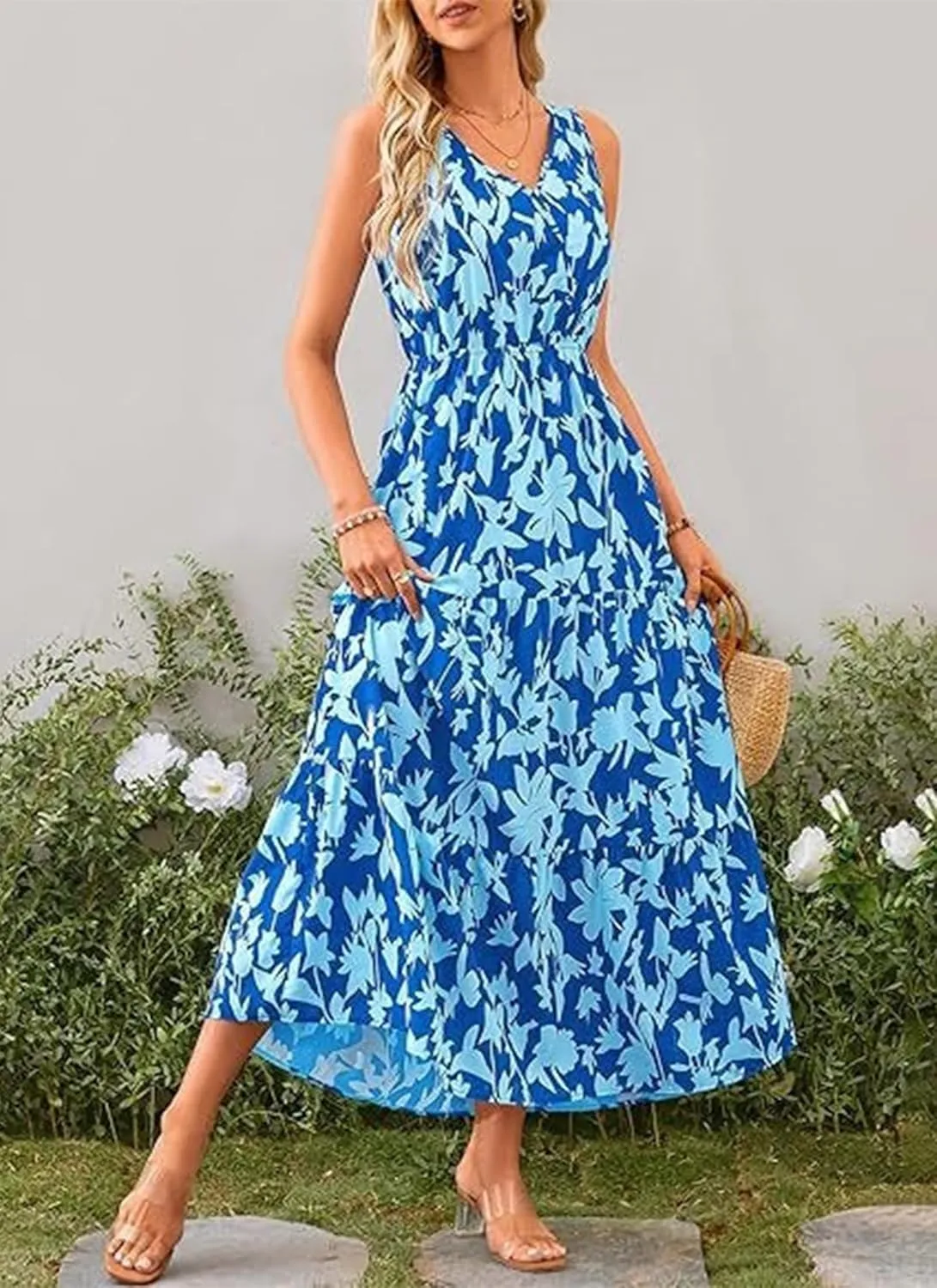 Women's Boho Floral Sleeveless A Line Dress Casual V Neck Flowy Maxi Sundress Summer Beach Vacation Clothes 2025