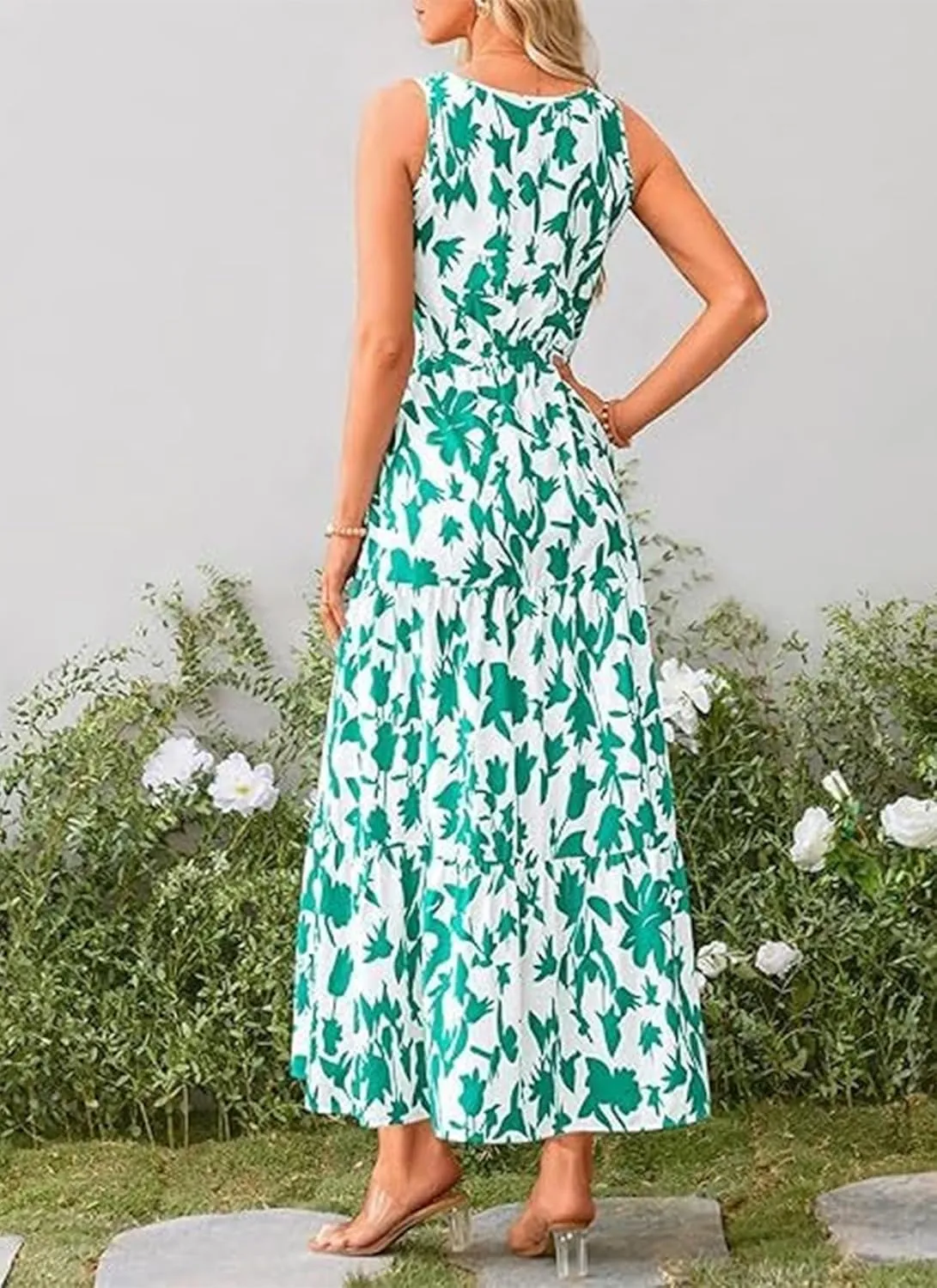 Women's Boho Floral Sleeveless A Line Dress Casual V Neck Flowy Maxi Sundress Summer Beach Vacation Clothes 2025