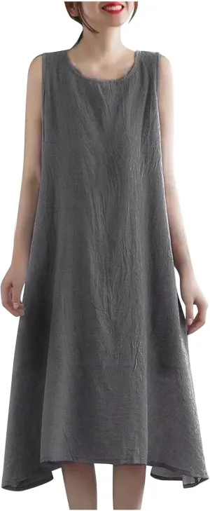 Womens Casual Cotton Linen Sleeveless Midi Dress Plus Size Loose Fit Flowy Tank Tops Dress Summer Beach Long Dresses