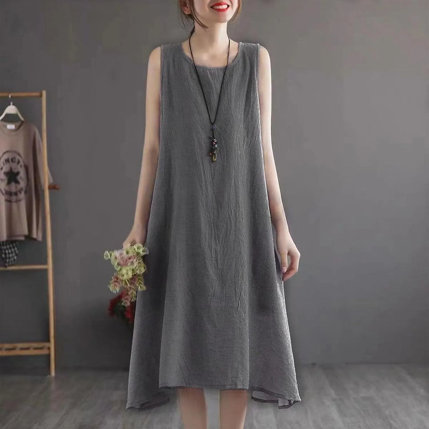 Womens Casual Cotton Linen Sleeveless Midi Dress Plus Size Loose Fit Flowy Tank Tops Dress Summer Beach Long Dresses