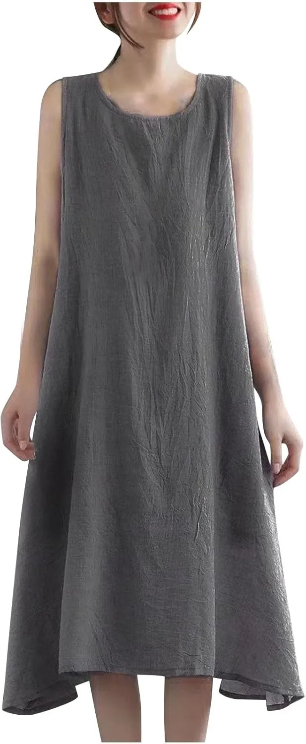 Womens Casual Cotton Linen Sleeveless Midi Dress Plus Size Loose Fit Flowy Tank Tops Dress Summer Beach Long Dresses