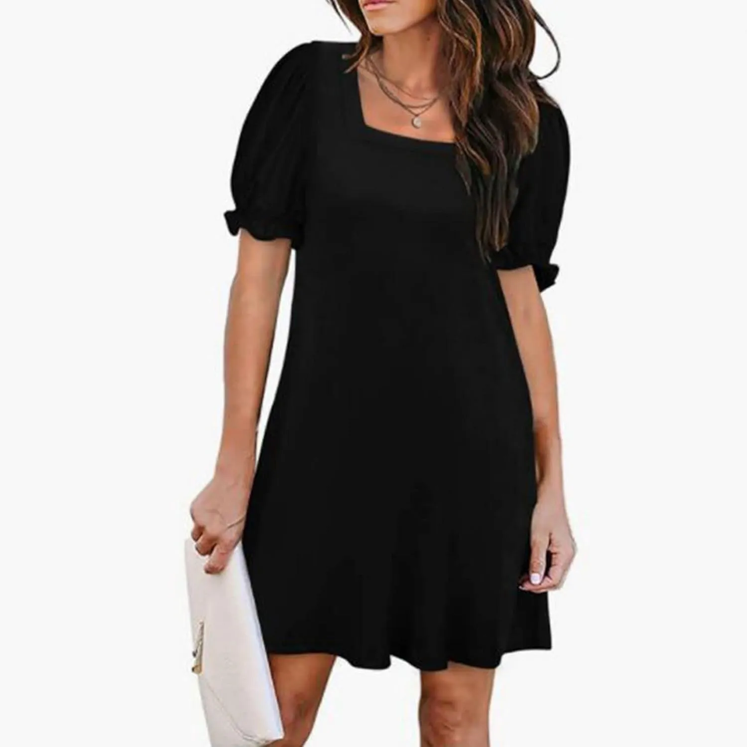 Women's Casual Dresses Square Neck Puff Sleeve Mini Dress Summer Loose Solid A Line Swing Tshirt Sundress 2025