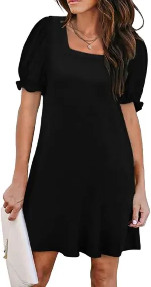 Women's Casual Dresses Square Neck Puff Sleeve Mini Dress Summer Loose Solid A Line Swing Tshirt Sundress 2025