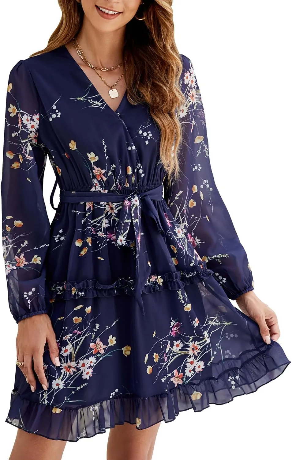 Women's Casual Long Sleeve Wrap V Neck Floral Dress Ruffle Hem Belted A-Line Flowy Mini Dresses Navy XL