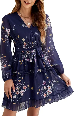 Women's Casual Long Sleeve Wrap V Neck Floral Dress Ruffle Hem Belted A-Line Flowy Mini Dresses Navy XL