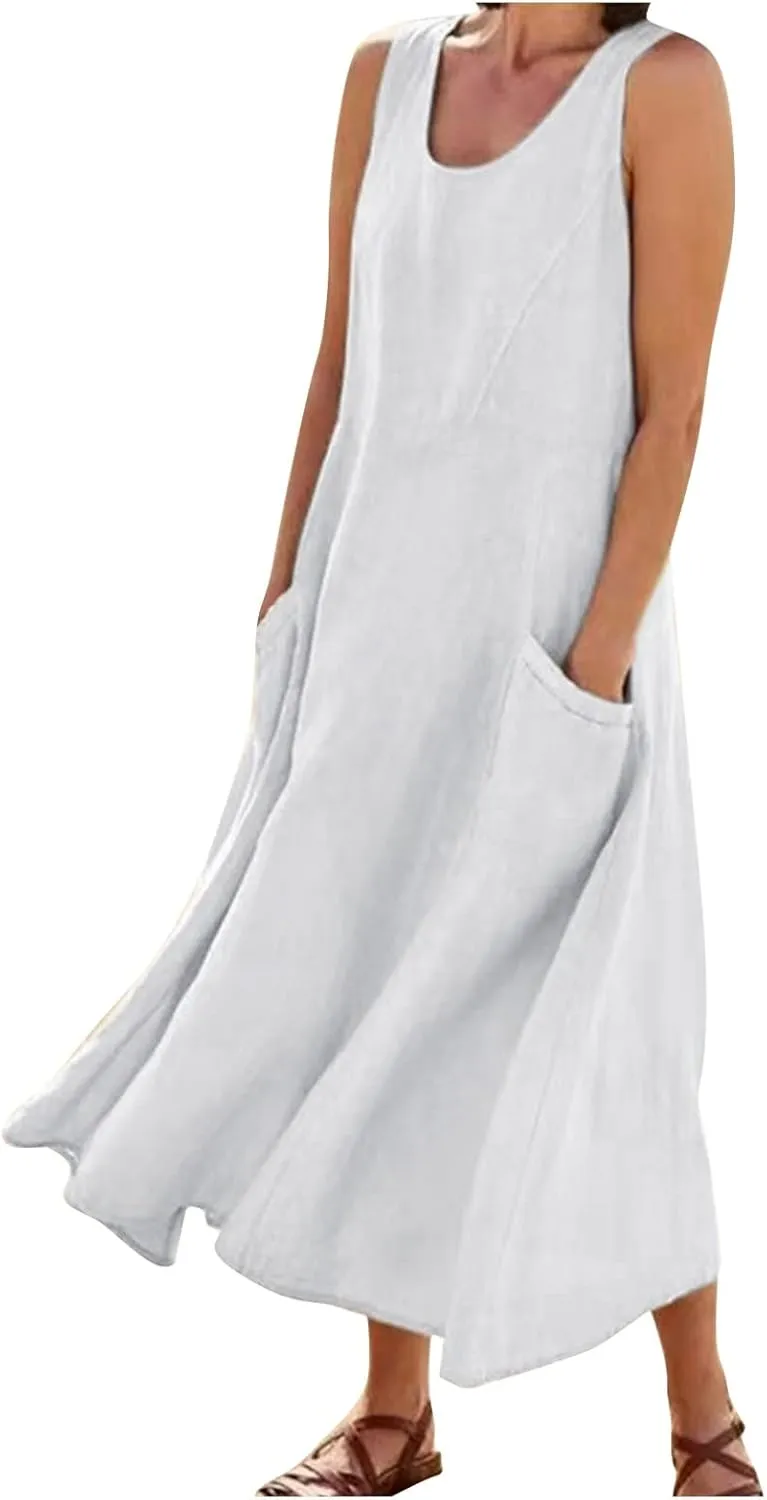 Womens Casual Summer Dresses 2025 Cotton Linen Sleeveless V Neck Maxi Dress Flowy Plus Size Long Dress with Pockets