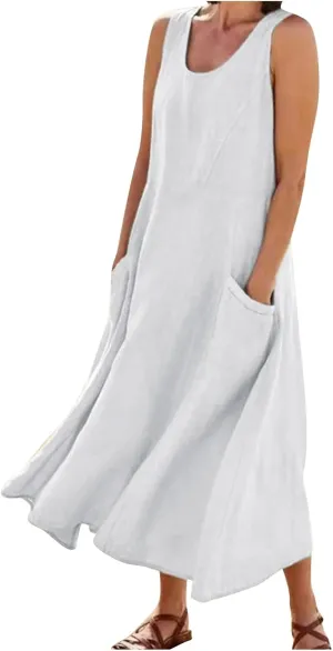 Womens Casual Summer Dresses 2025 Cotton Linen Sleeveless V Neck Maxi Dress Flowy Plus Size Long Dress with Pockets