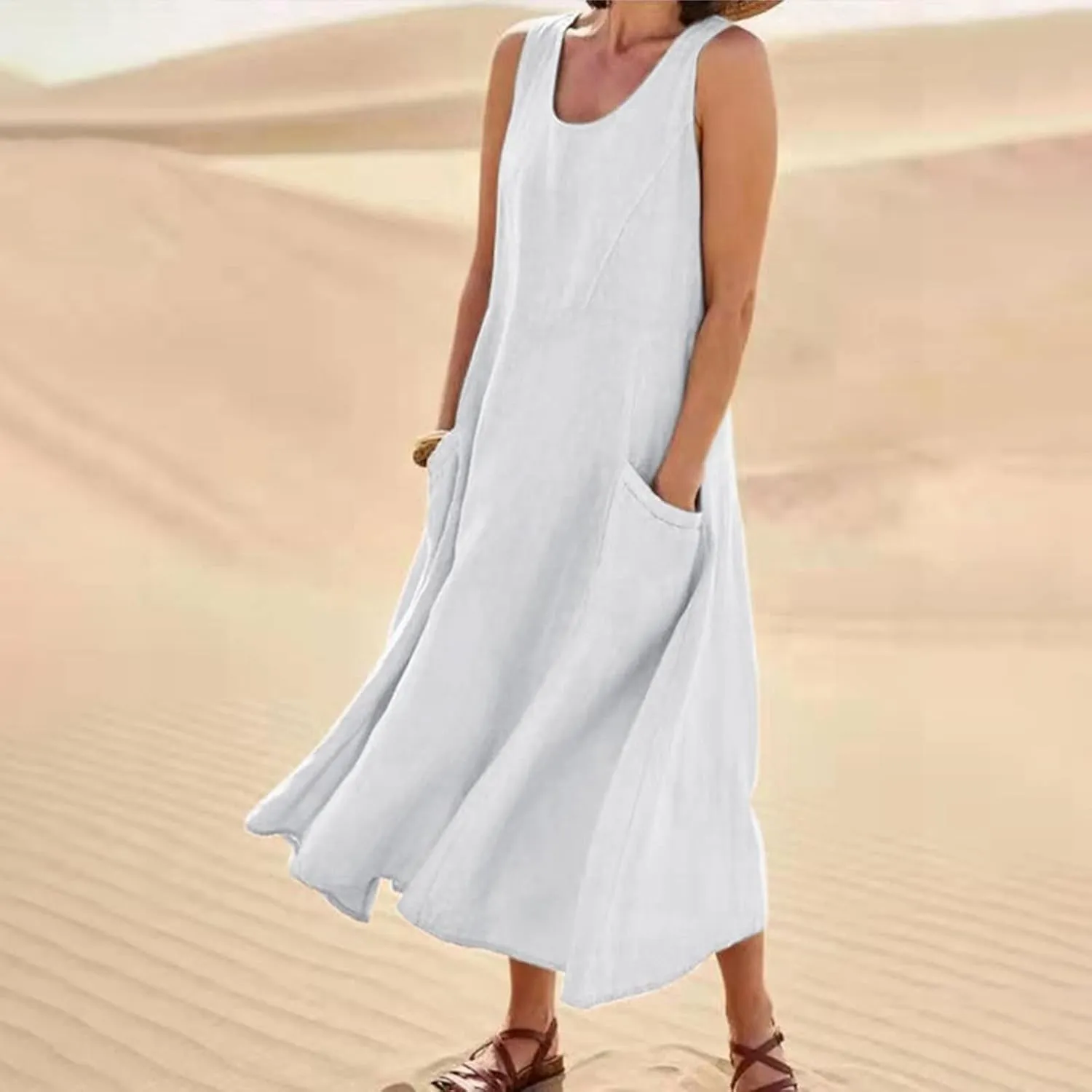 Womens Casual Summer Dresses 2025 Cotton Linen Sleeveless V Neck Maxi Dress Flowy Plus Size Long Dress with Pockets