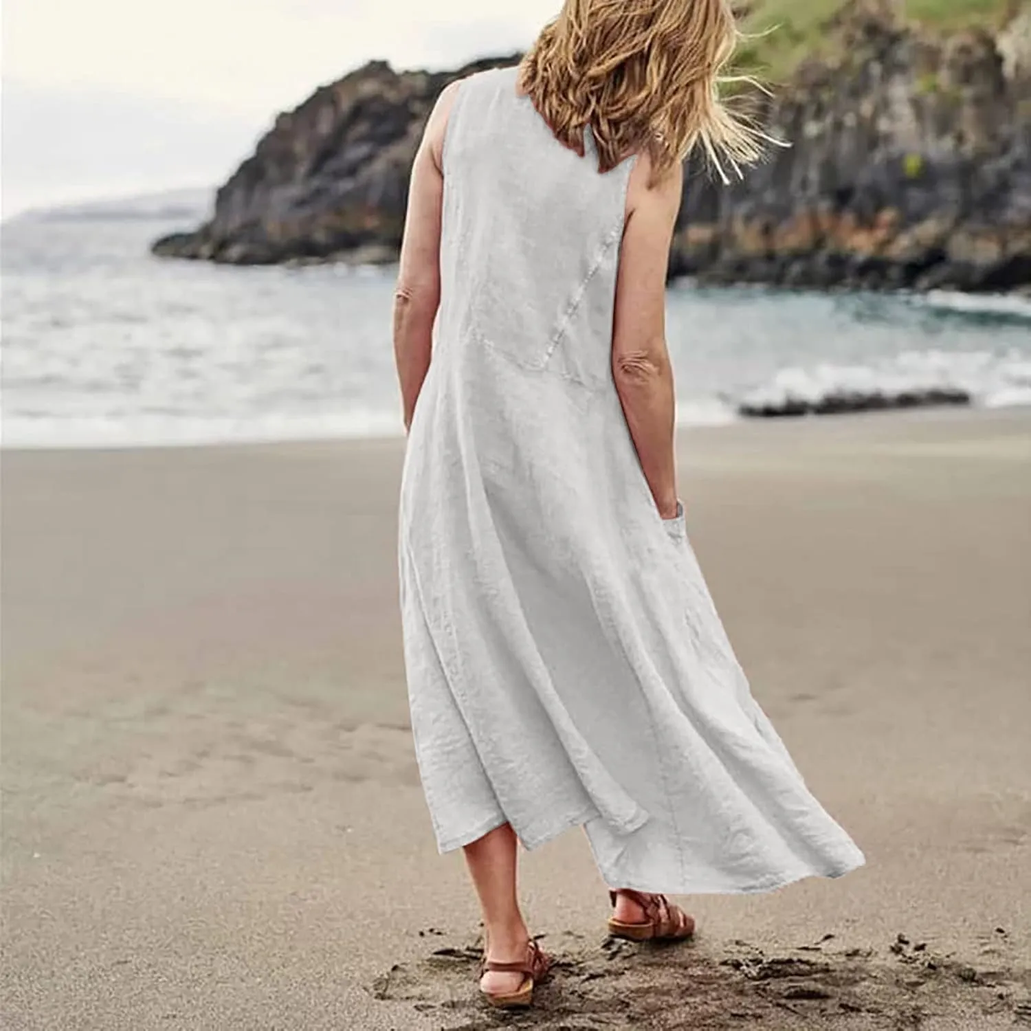 Womens Casual Summer Dresses 2025 Cotton Linen Sleeveless V Neck Maxi Dress Flowy Plus Size Long Dress with Pockets