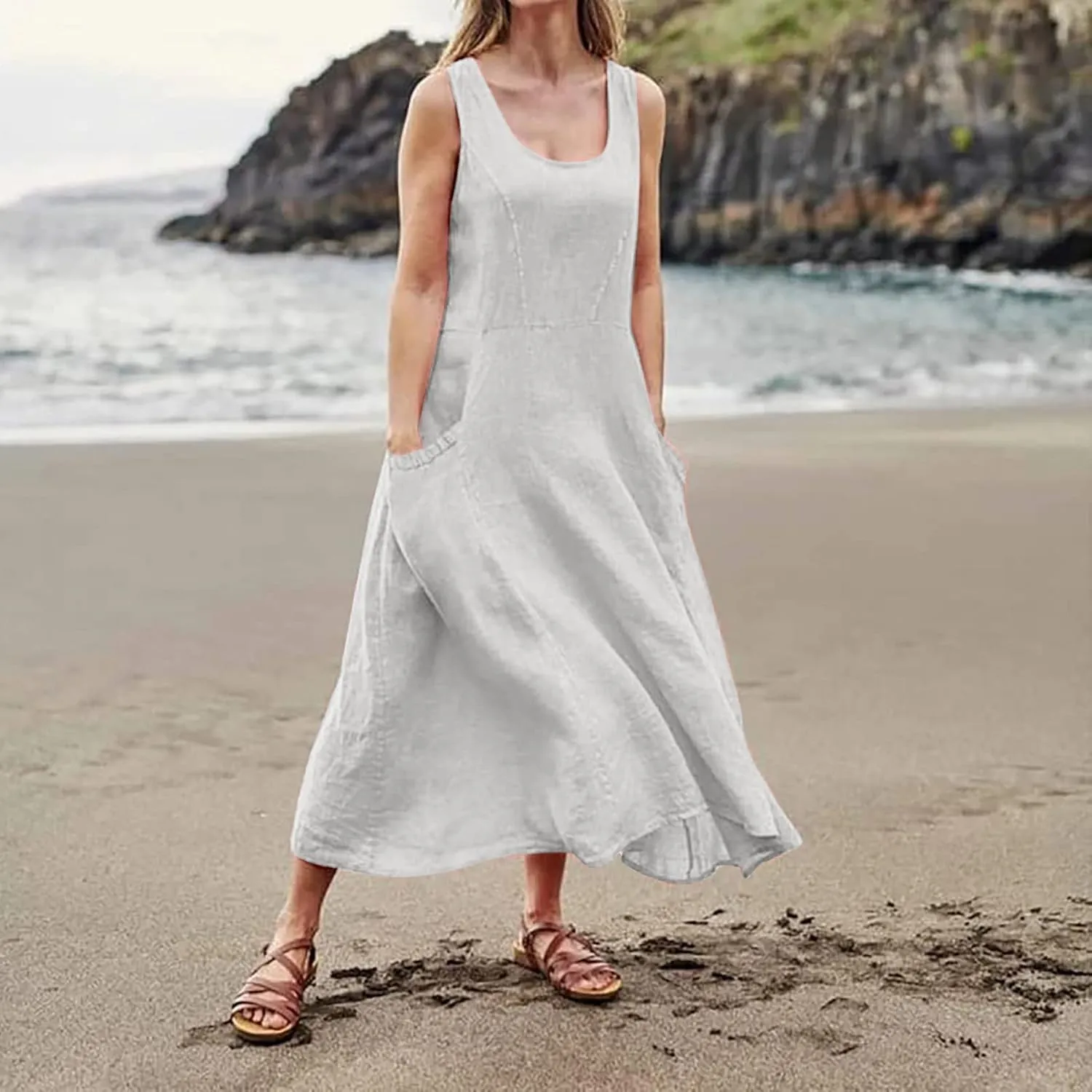 Womens Casual Summer Dresses 2025 Cotton Linen Sleeveless V Neck Maxi Dress Flowy Plus Size Long Dress with Pockets