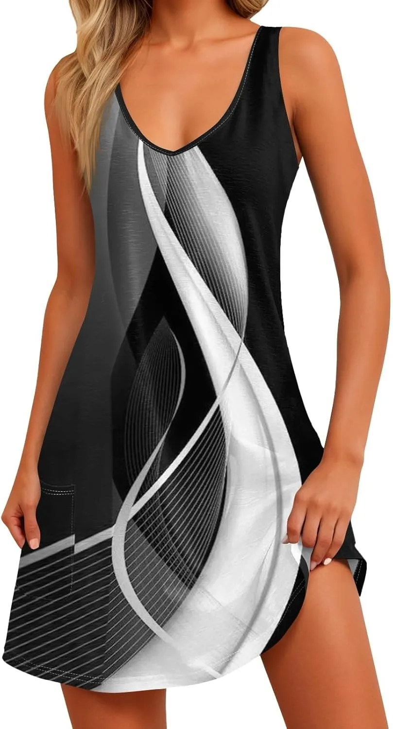 Women's Casual Sundress with Pockets 2025 Summer Boho Beach Dress V Neck Loose Tank Dresses