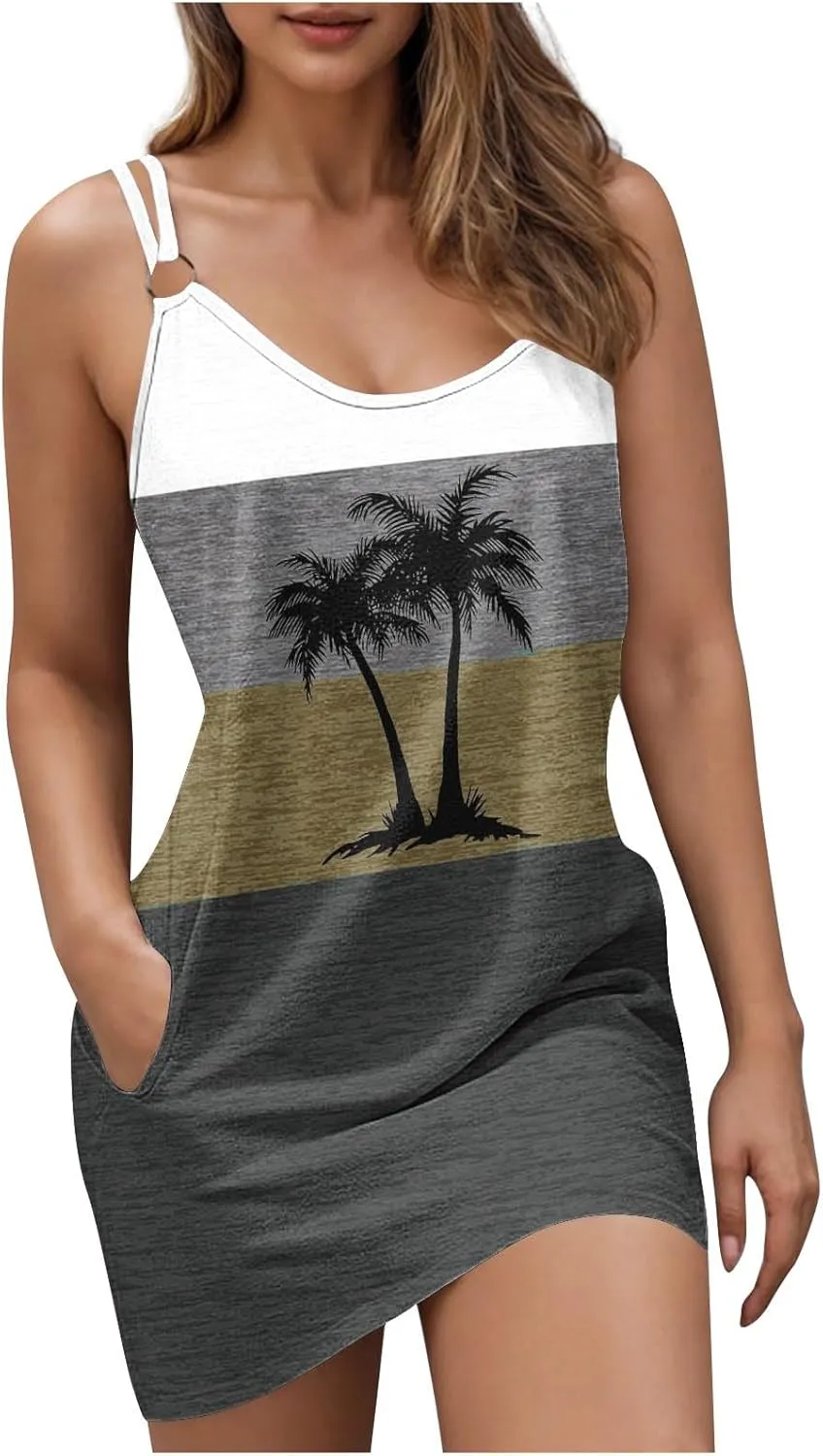 Womens Coconut Sunset Print Tank Dress with Pockets Summer Casual Sleeveless Beach Cover Ups Floral Beach Sundress