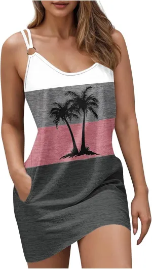 Womens Coconut Sunset Print Tank Dress with Pockets Summer Casual Sleeveless Beach Cover Ups Floral Beach Sundress
