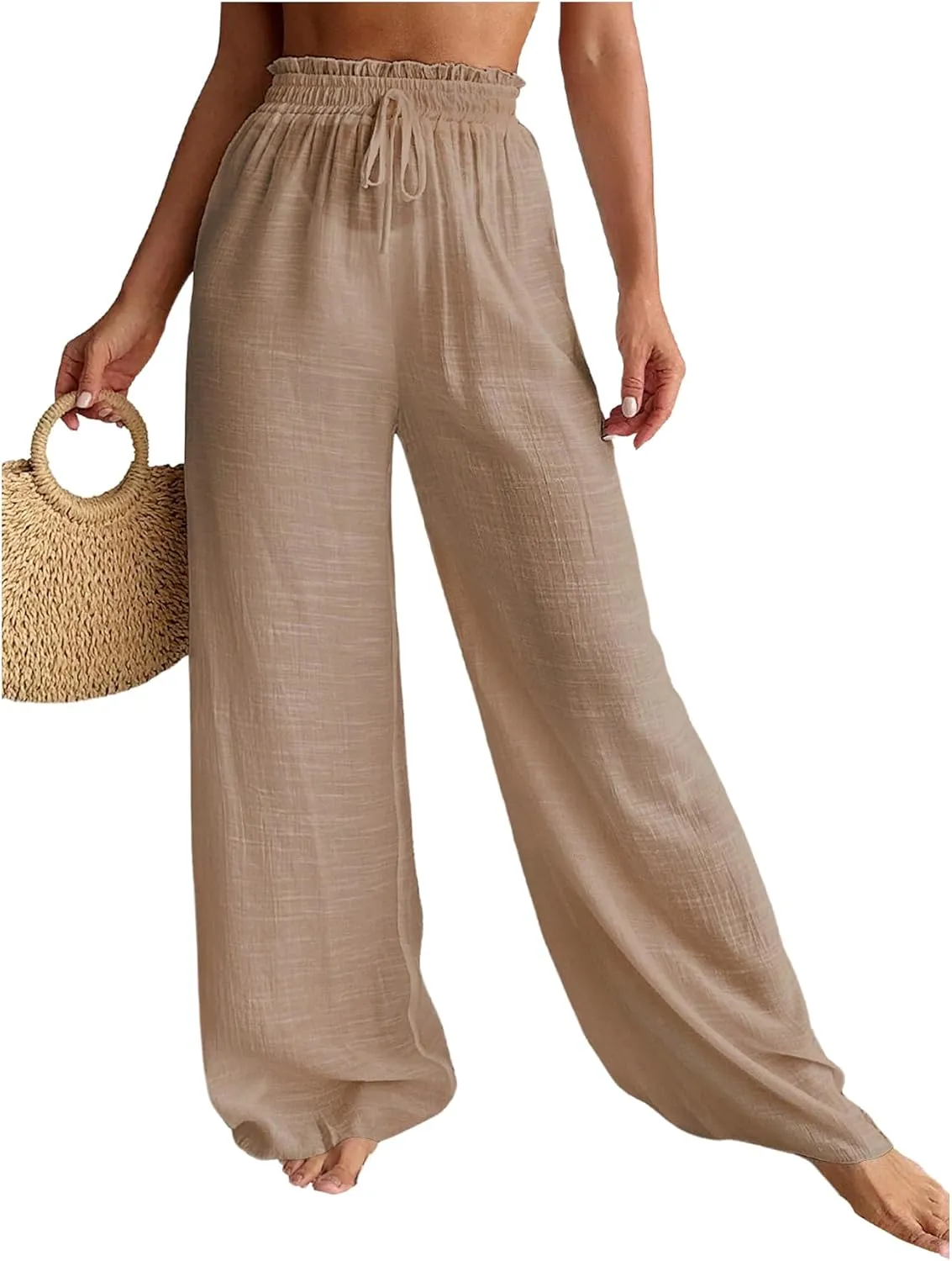 Women's Cover Up Beach Pants Sheer Mesh Drawstring Wide Leg High Waist Bikini Swimsuit Coverups
