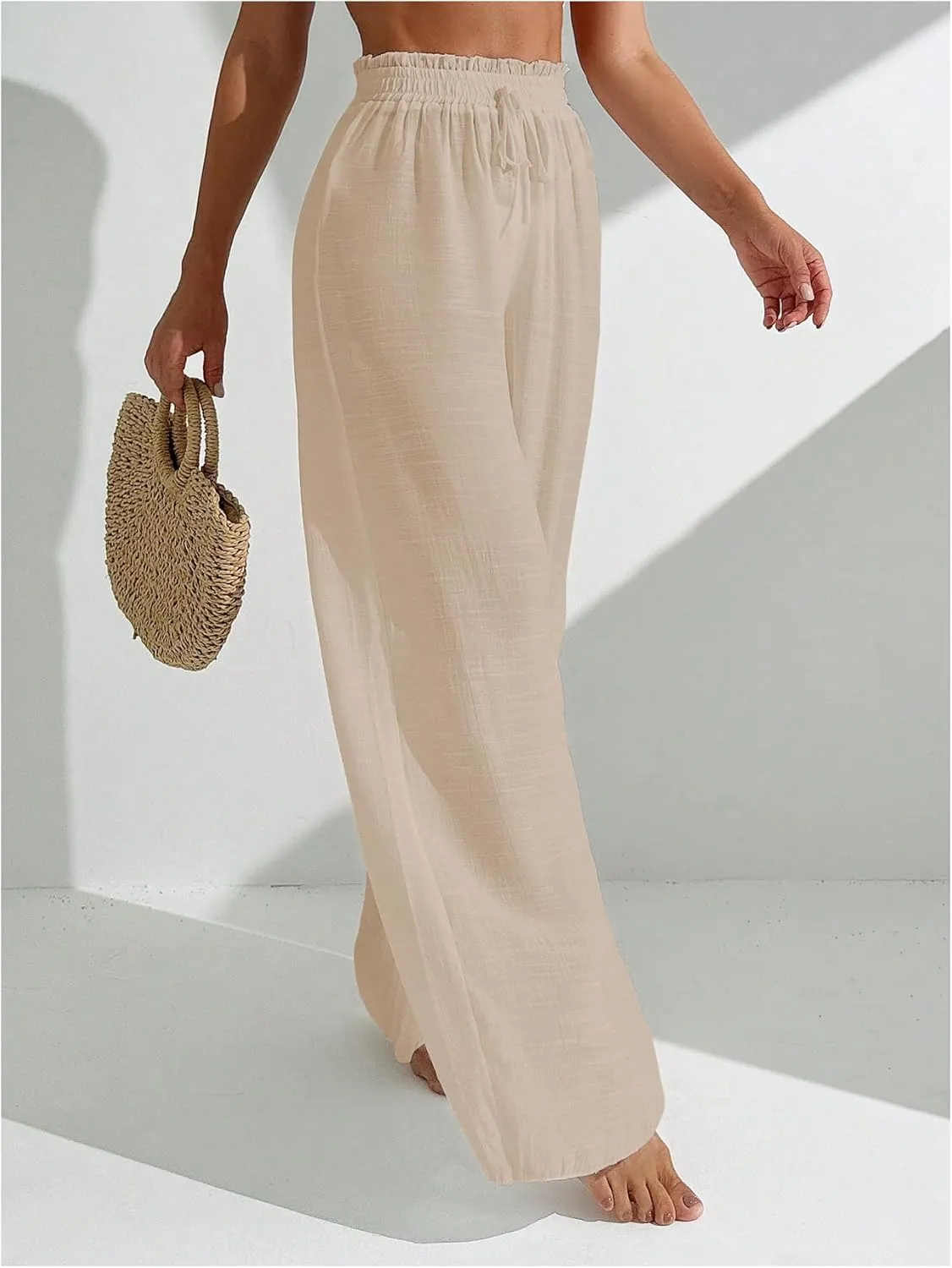 Women's Cover Up Beach Pants Sheer Mesh Drawstring Wide Leg High Waist Bikini Swimsuit Coverups