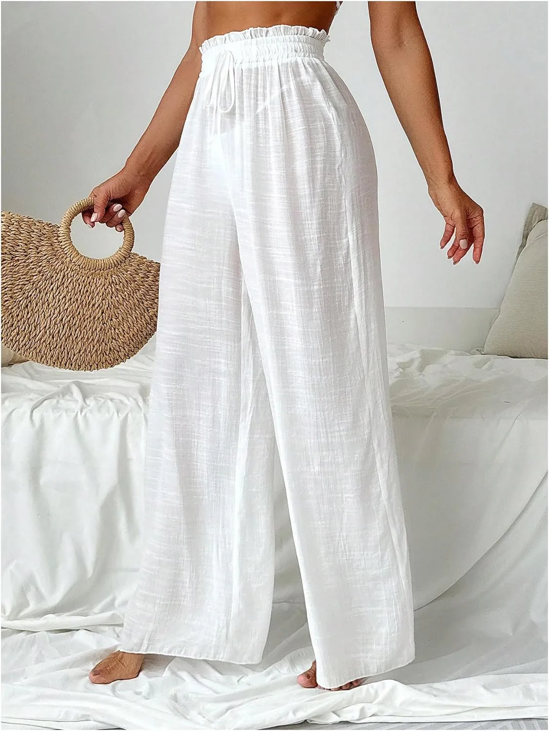 Women's Cover Up Beach Pants Sheer Mesh Drawstring Wide Leg High Waist Bikini Swimsuit Coverups