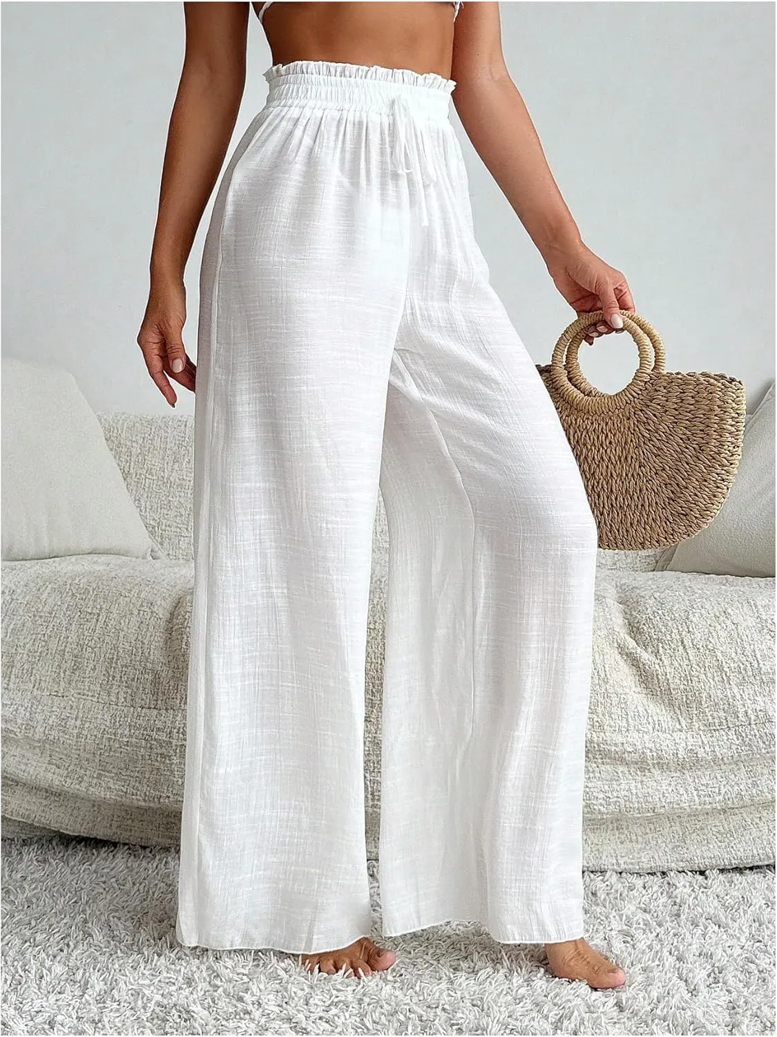 Women's Cover Up Beach Pants Sheer Mesh Drawstring Wide Leg High Waist Bikini Swimsuit Coverups