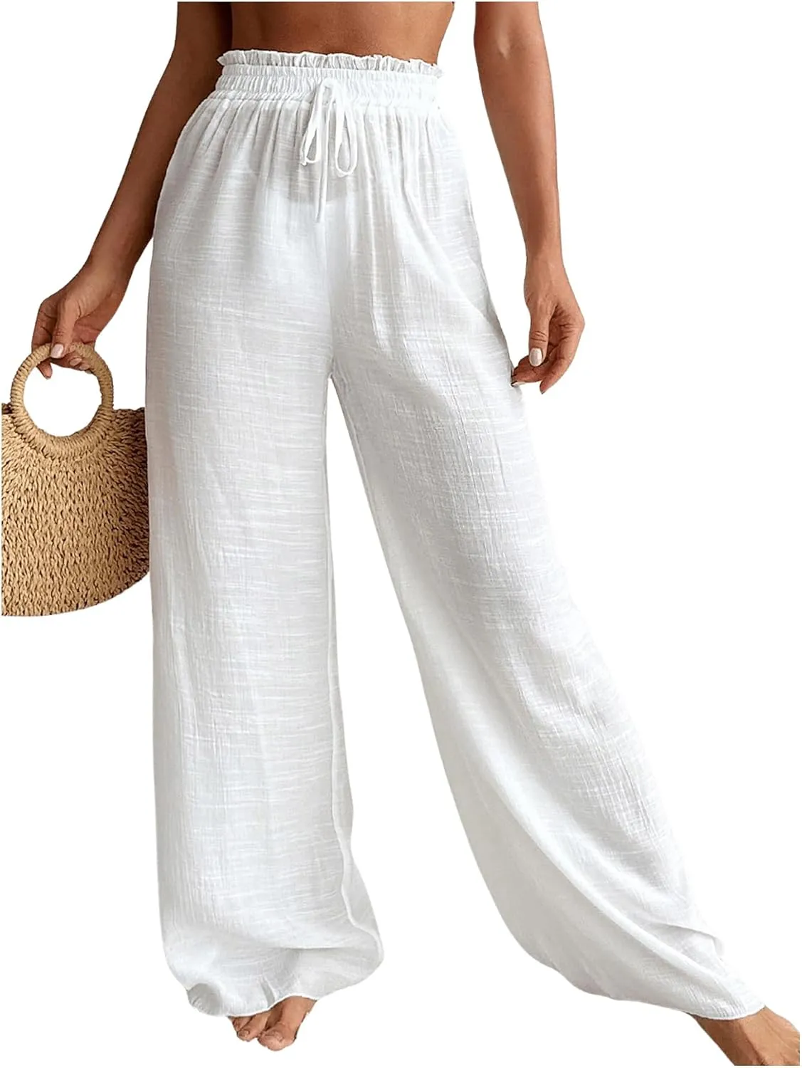Women's Cover Up Beach Pants Sheer Mesh Drawstring Wide Leg High Waist Bikini Swimsuit Coverups