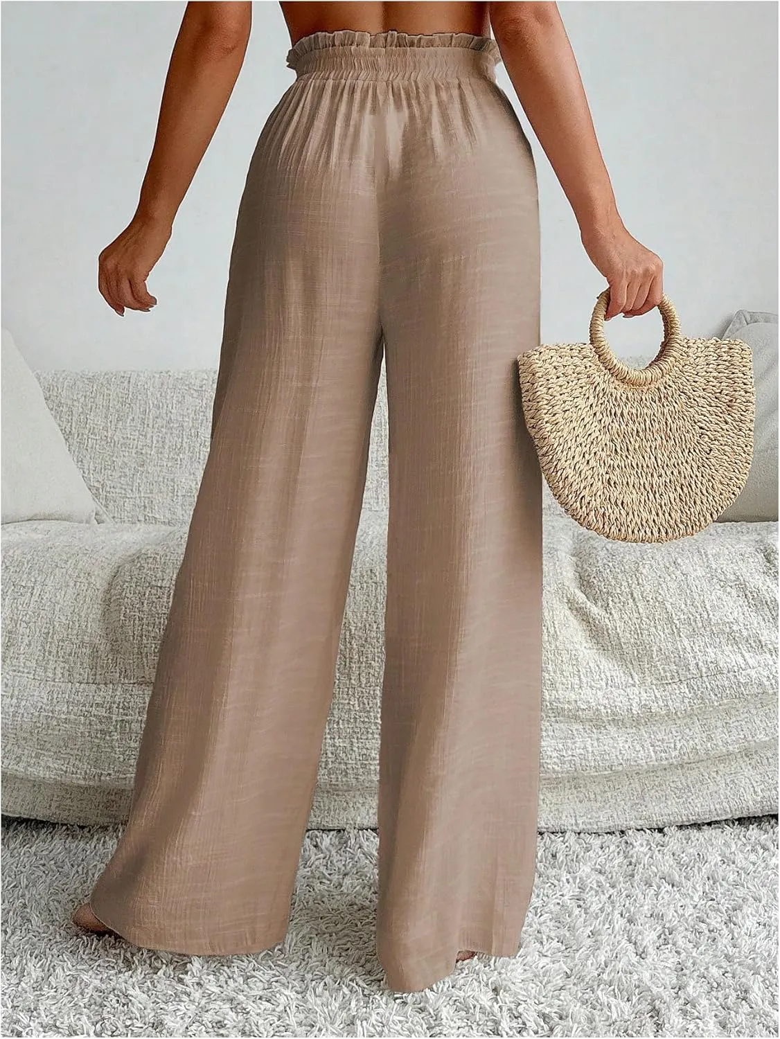 Women's Cover Up Beach Pants Sheer Mesh Drawstring Wide Leg High Waist Bikini Swimsuit Coverups
