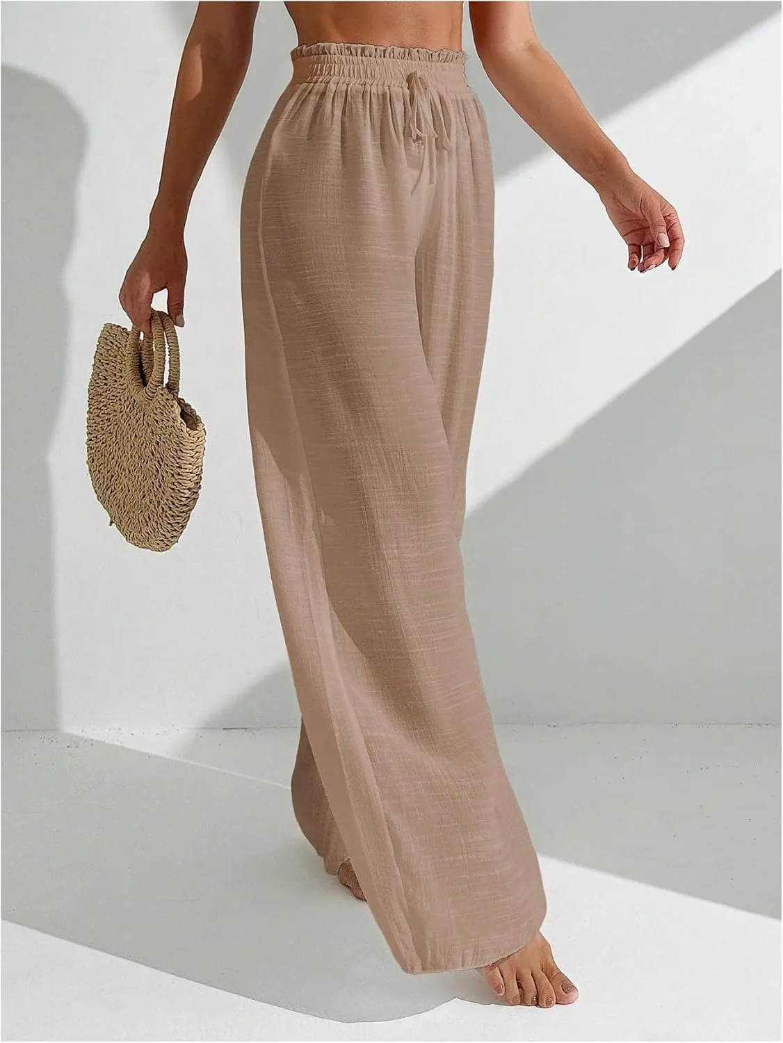 Women's Cover Up Beach Pants Sheer Mesh Drawstring Wide Leg High Waist Bikini Swimsuit Coverups